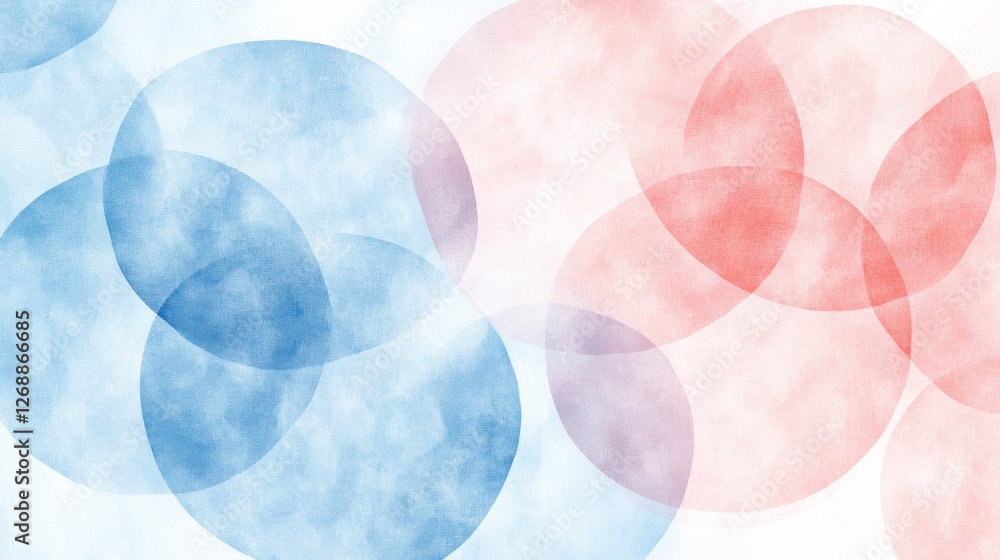 Poster Soft gradient of overlapping circles created with pencil strokes in gentle hues of blue and red exhibiting artistic fluidity and depth