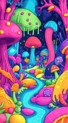 A vibrant cartoon style mushroom forest with a winding stream