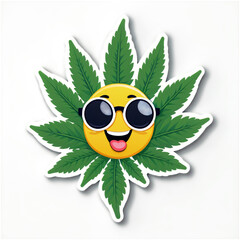 A cute cartoon cannabis leaf with a big smile and sunglasses, holding a peace sign