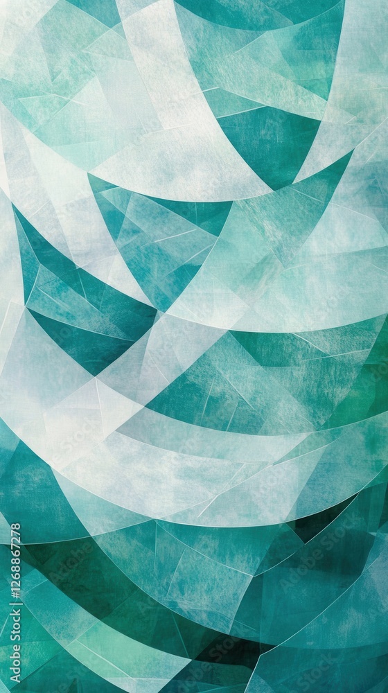 Poster overlapping translucent geometric patterns create a serene ambiance in blue and green hues