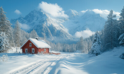 Wooden house in the forest on a winter day with mountains in the background.