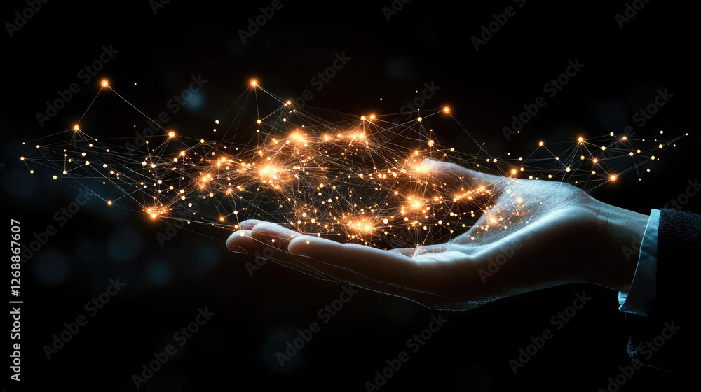 Poster glowing network connections held in a hand a visual representation of global interconnectivity and d