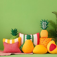 Fun fruit-shaped pillows, like pineapples and mangoes, arranged for a picnic
