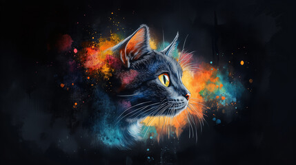 Abstract image of a cat - a combination of realism and digital painting, where the cat seems to dissolve in colorful smoke..