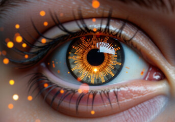 Close-up of woman eye with futuristic digital circuit reflecting cybersecurity, blockchain, and bitcoin, highlighting innovative technology