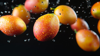 Flying mangoes on a dark background – a dynamic composition with fruits hovering in the air, creating an effect of movement and freshness..