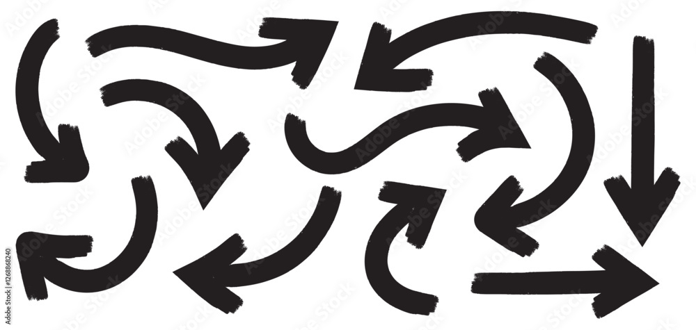 Poster curve arrow icon bold brush texture effect vector design element hand drawn stroke set isolated