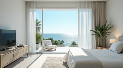 Bright and cozy modern hotel bedroom interior design with white walls