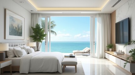 Bright and cozy modern hotel bedroom interior design with white walls