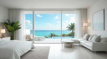 Bright and cozy modern hotel bedroom interior design with white walls