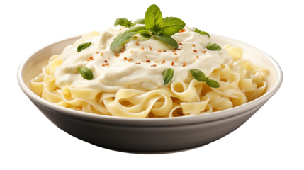 Creamy Fettuccine Alfredo Basil Garnish, White Sauce Pasta for Dinner Recipes, isolated on transparent background.