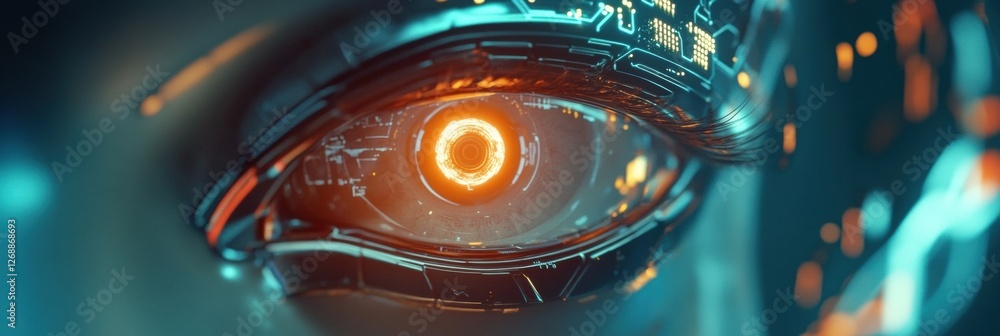 Fototapete close up view of a robotic eye glowing gently in a futuristic circuit environment with intricate det