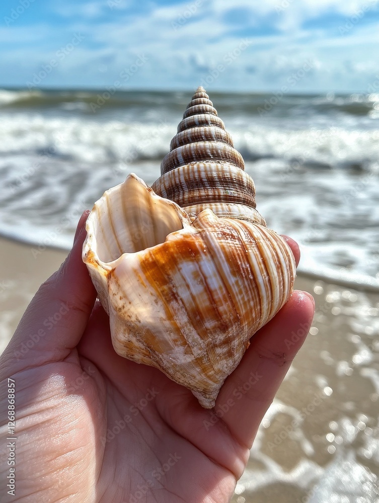 Poster Close-up of a hand holding a beautiful seashell by the ocean with gentle waves in the background