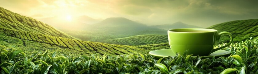 Aromatic Green Tea, Refreshing cup amidst lush tea plantations at sunrise