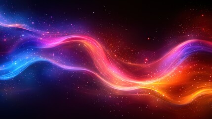 Fototapeta premium Abstract colorful wave with glowing particles on dark background.