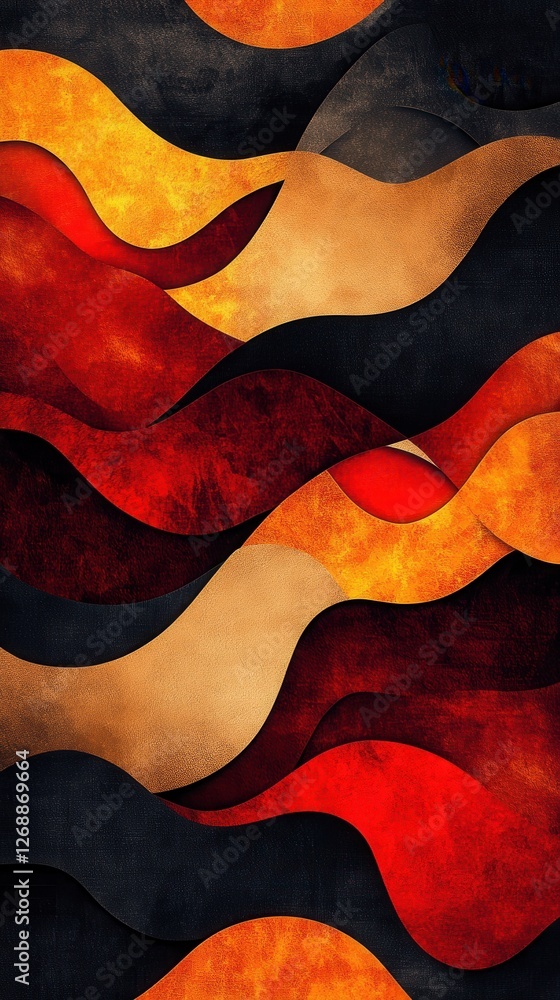 Poster vibrant red overlapping shapes create an abstract design that evokes movement and depth in bold colo