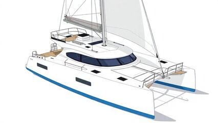a detailed illustration of a sleek catamaran with a spacious deck and raised cabin, featuring a prominent sail and set against a white background for a clear and focused presentation