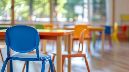 Sunny empty classroom with colorful tables and chairs ready for children