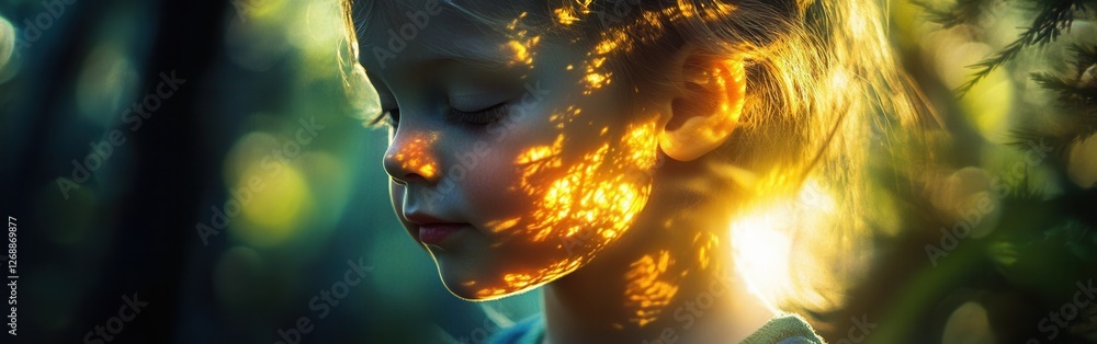 Poster Vibrant visualization of a child's face illuminated by soft glowing light in a natural setting during late afternoon