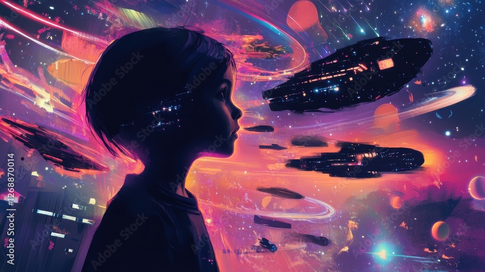 Aufkleber bright child gazes at colorful cosmic scene filled with glowing planets and spaceships