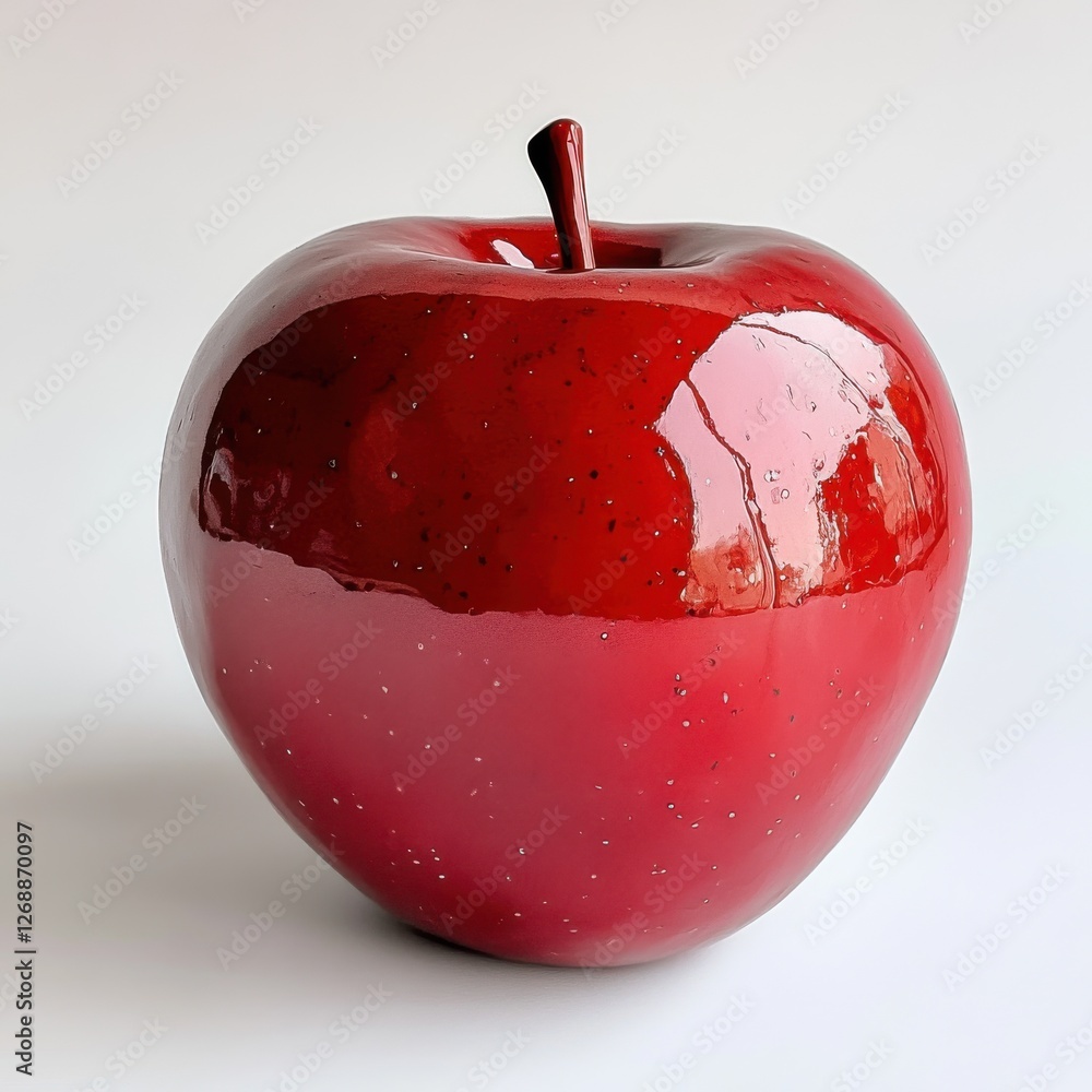 Poster Glossy red apple resting on a white surface with reflections and highlights capturing its vibrant color and smooth texture