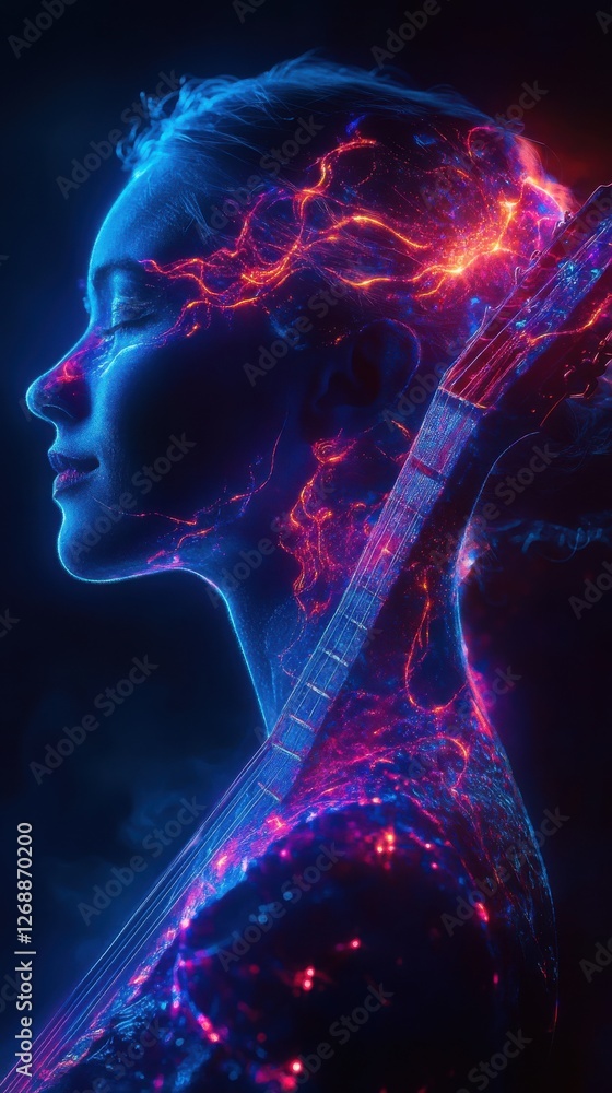 Leinwandbilder vibrant profile of a woman illuminated with colorful patterns while holding a string instrument agai