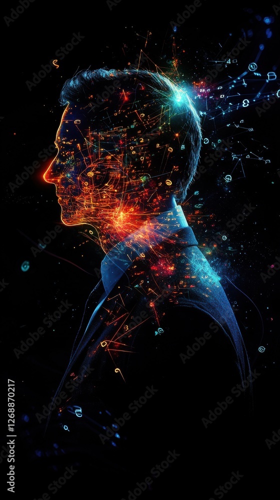 Poster vibrant representation of a mathematician showcasing creativity and innovation in a digital art form