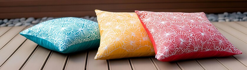 Large mandala-print pillows in vivid colors, arranged on a wooden deck