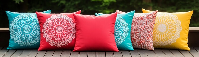 Large mandala-print pillows in vivid colors, arranged on a wooden deck