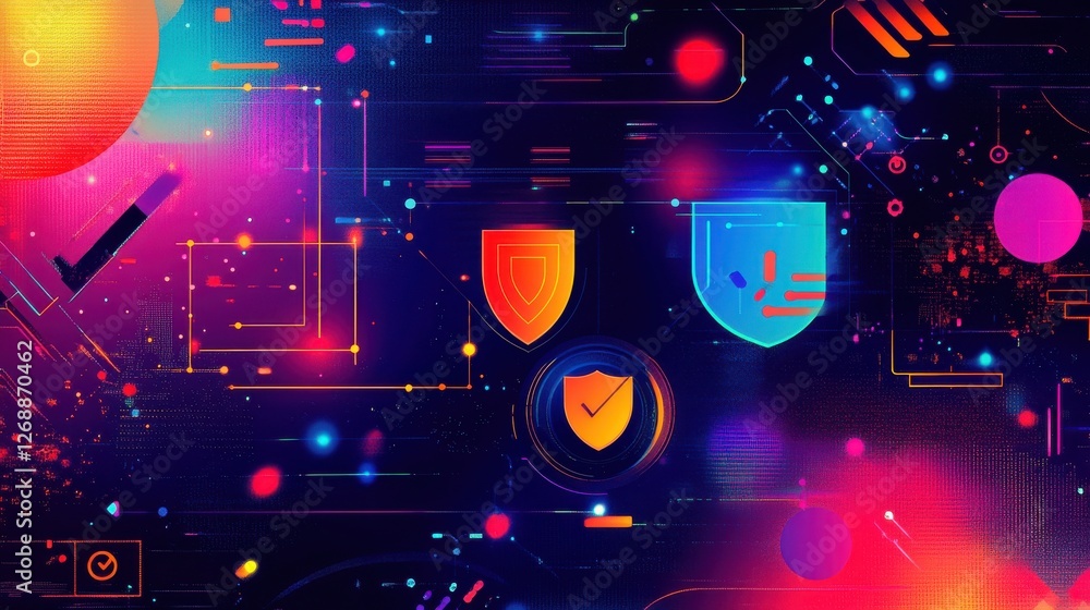 Leinwandbilder Vibrant fusion of cybersecurity visuals featuring colorful shields and abstract digital elements