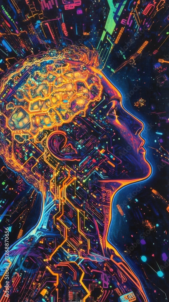 Leinwandbilder vibrant profile of a man illustrating the connection between technology and human thought in a color
