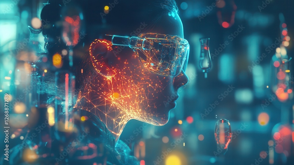 Aufkleber surreal visualization of a scientist immersed in vibrant connections and experiments in a futuristic