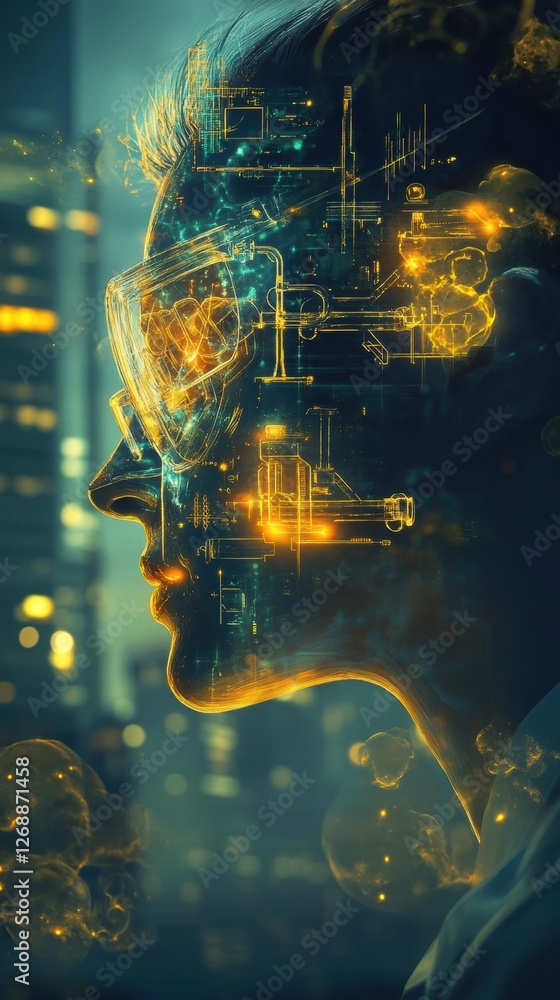 Poster surreal visualization of a scientist engaged in innovative research with digital elements illuminati