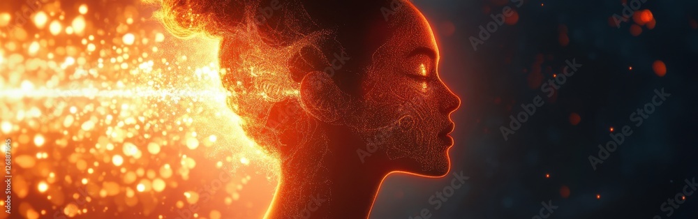 Aufkleber surreal glowing representation of a woman in a dark setting with shimmering particles around her dur