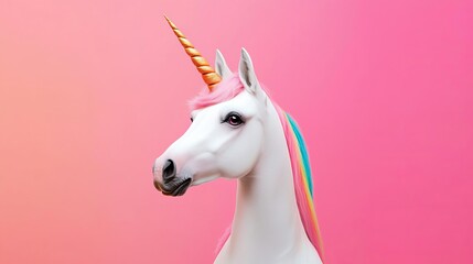 A whimsical unicorn with a colorful mane against a vibrant pink backdrop.