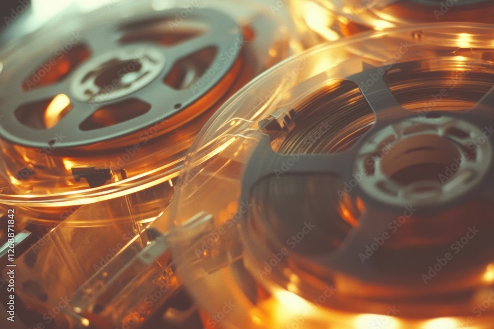 Poster close up view of vintage film reels and tape showcasing intricate details and textures for creative 