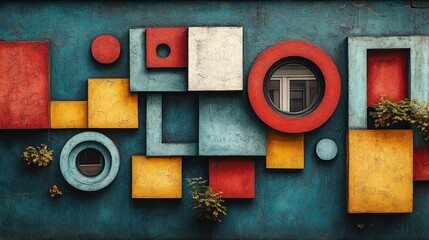 Colorful geometric shapes adorn a textured teal wall, incorporating round and square windows.