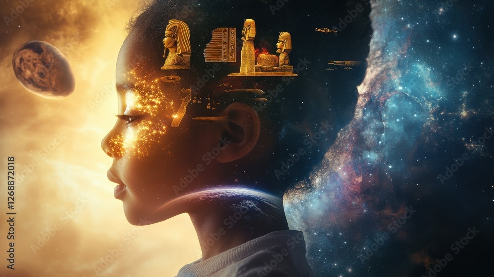 Aufkleber surreal portrait of a glowing child with cosmic and ancient elements reflecting in their mind's eye 