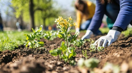 Volunteers engage in tree planting activity in a sunny park to enhance green spaces and support community efforts