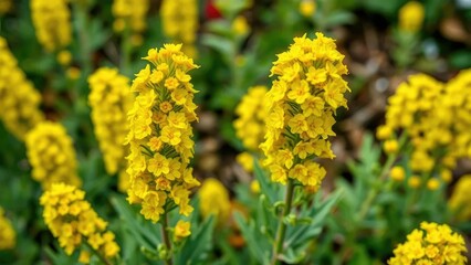 Obraz premium Yellow flowers in clusters on cypress spurge stems, yellow blooms, euphorbia, garden