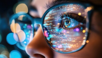 A woman's face is shown through a pair of glasses with a blue tint