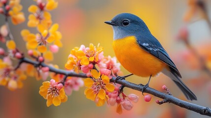 Fototapeta premium Vibrant blue and orange bird perched on a blossoming branch.