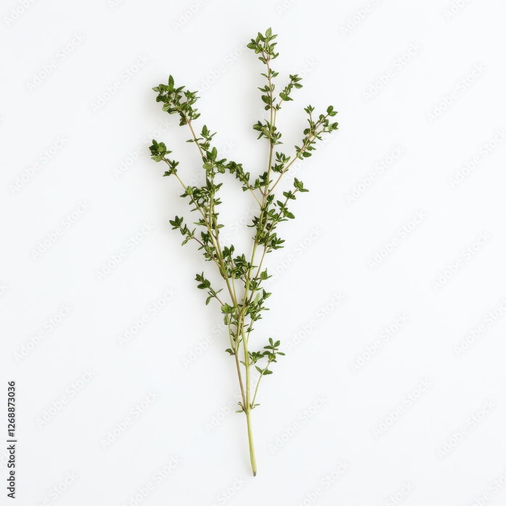 Poster fresh sprig of thyme with delicate green leaves arranged neatly on a light background