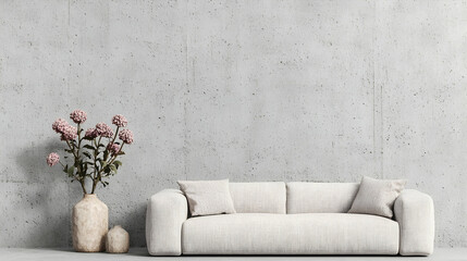Modern beige sofa in minimalist living room, concrete wall, pink flowers