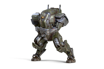 Sci-fi mech soldier stands in an attack pose holding an assault rifle with both hands. Concept of big military robot warrior in heavy green, gray scratched metal armor. 3d render on white background.