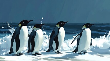 Obraz premium A group of four emperor penguins walking along a shoreline with waves crashing.