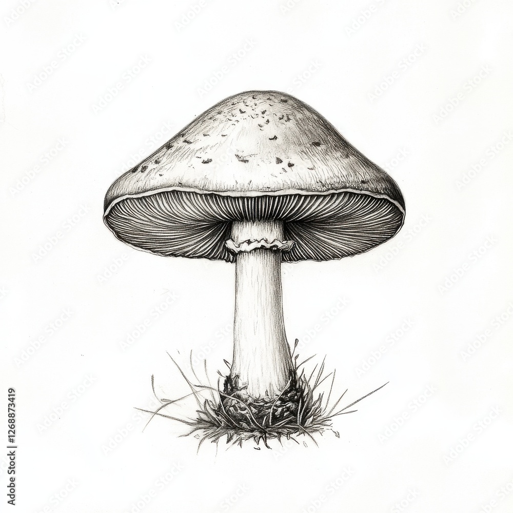 Poster mushroom with visible gills grows in a grassy area, showcasing natural beauty and intricate details 