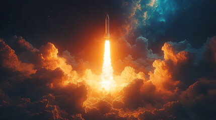 Obraz premium Rocket Launch Through Fiery Clouds Spaceflight sky art fire hope dark 