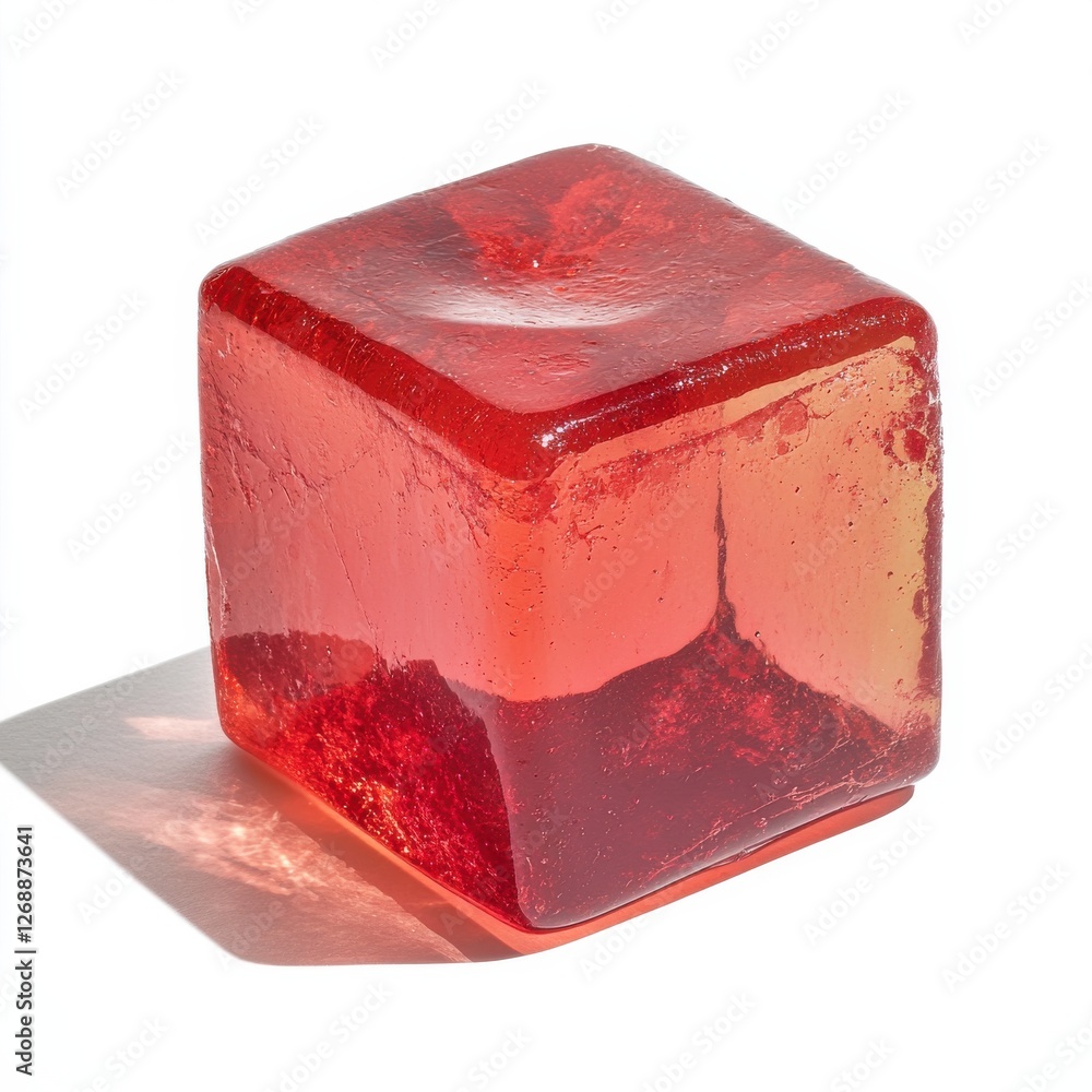 Aufkleber glossy red jelly cube resting on a flat surface illuminated by natural light