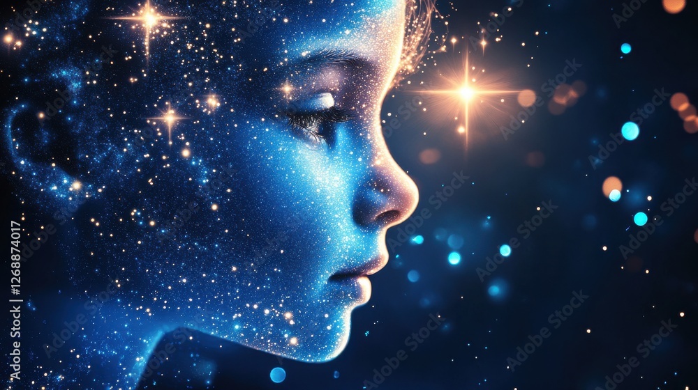 Aufkleber child surrounded by a glowing starry aura in a serene night setting with soft light highlights